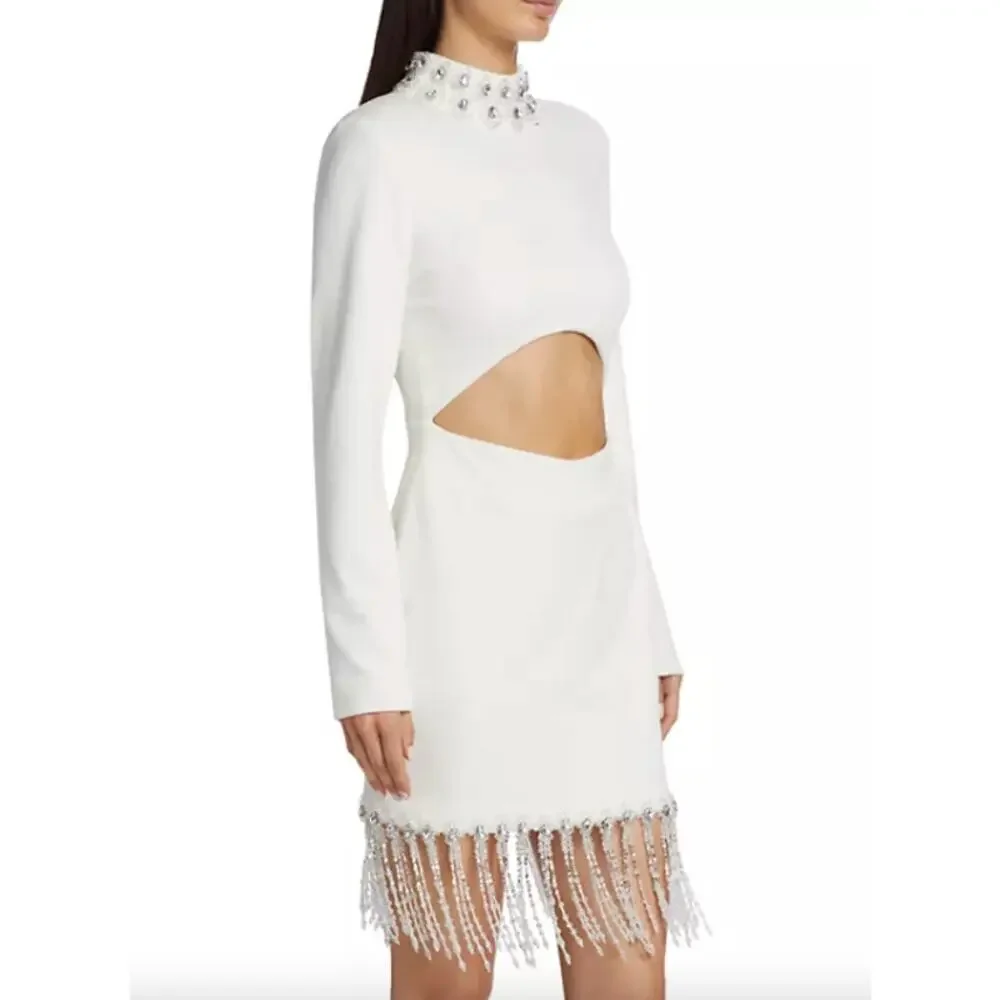 PatBO Hand Crystal Beaded High Neck Long Sleeve Mini Dress